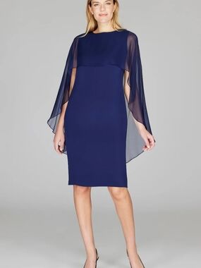 Emmelle Design Navy Blue Silk Sheath Dress with Chiffon Capelet - Size M